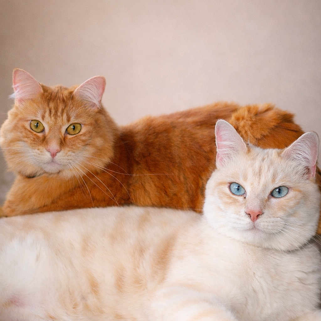 Olaf Et Daisy participe au concours pour gagner de l'argent avec cette photo : amber_eyes, animal, blanket, blue_eyes, cat, cats, closeup, couch, cozy, cream_cat, feline, fluffy_fur, ginger_cat, indoor, neutral_background, pair, pet, portrait, relaxed, whiskers