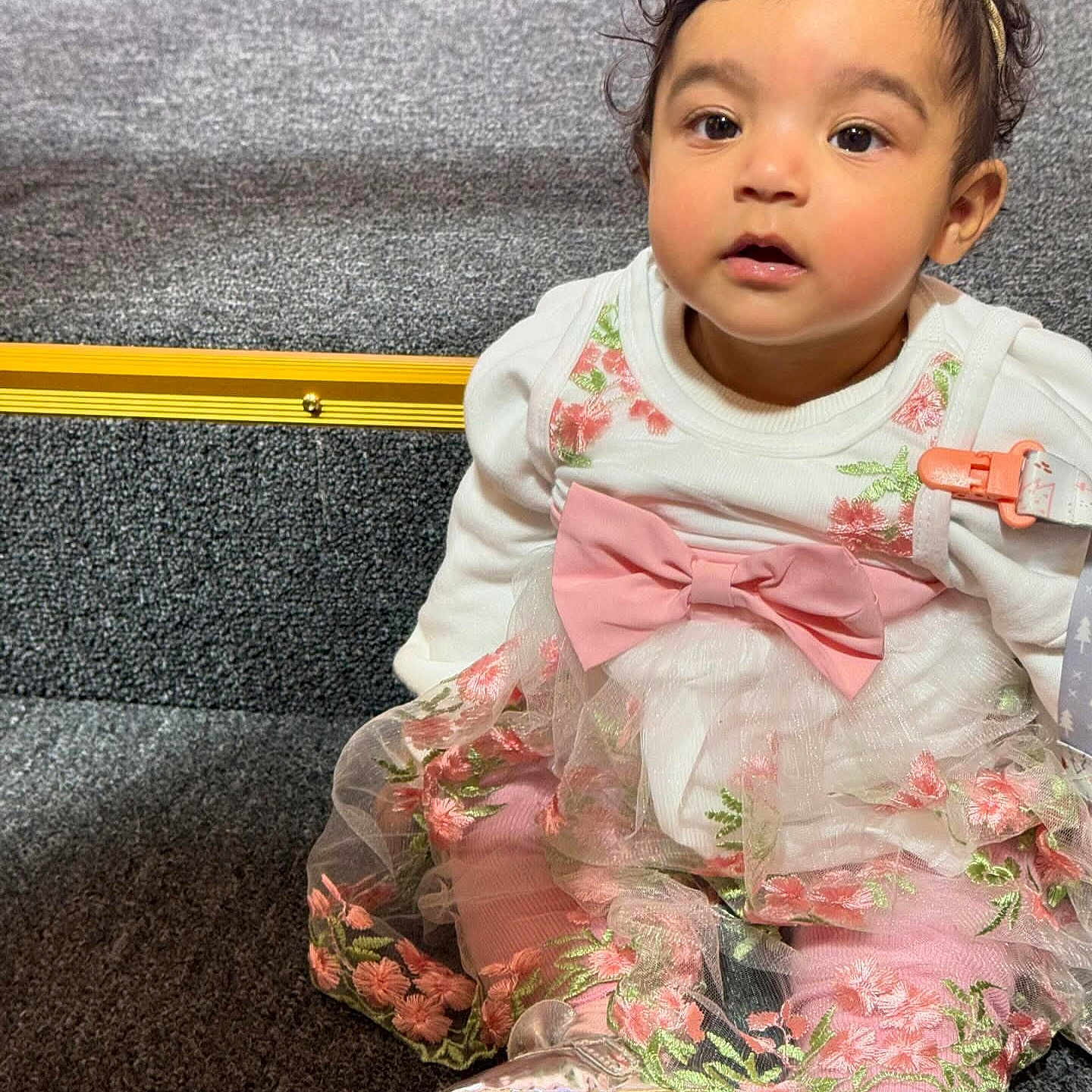 Zoe is registered to the contest to win money with this photo: baby, babycrawling, blackhair, bodypart, brownhair, child, clothing, crawling, dress, face, female, girl, hair, head, people, person, photography, portrait, sitting, sleeve