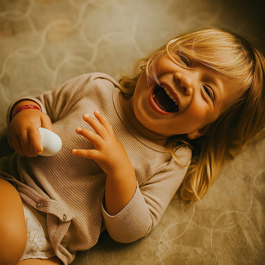 Eden a rejoint le concours — aidez-le/la à gagner de superbes lots ! baby, beige, blonde_hair, child, cozy, cute, expression, fabric, face, hand, happy, indoor, laughing, long_sleeve_shirt, lying_down, playing, skin, smile, soft_lighting, toddler