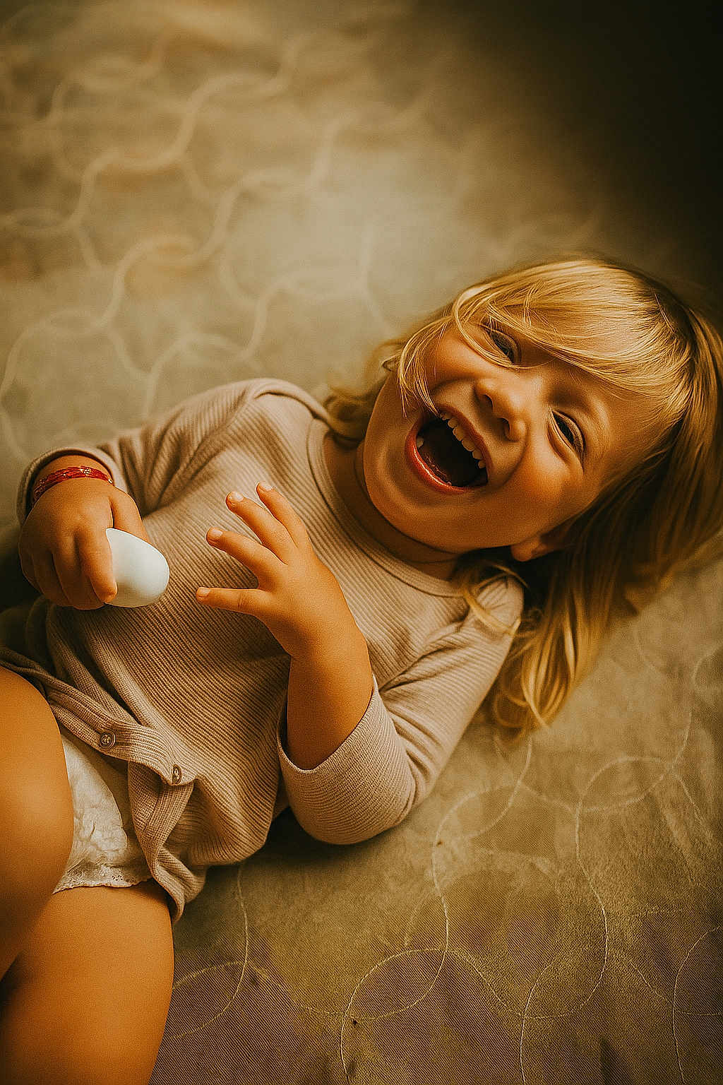 Eden a rejoint le concours — aidez-le/la à gagner de superbes lots ! toddler, child, laughing, blonde_hair, indoor, soft_lighting, beige, long_sleeve_shirt, happy, smile, cute, playing, lying_down, baby, face, hand, skin, expression, fabric, cozy