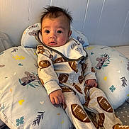 Samuel is registered to the contest to win money with this photo: baby, infant, onesie, football_pattern, pillow, koala_pattern, indoor, cute, child, face, expression, clothing, footwear, sitting, soft_furnishing, comfort, bedroom, young_child, portrait, casual