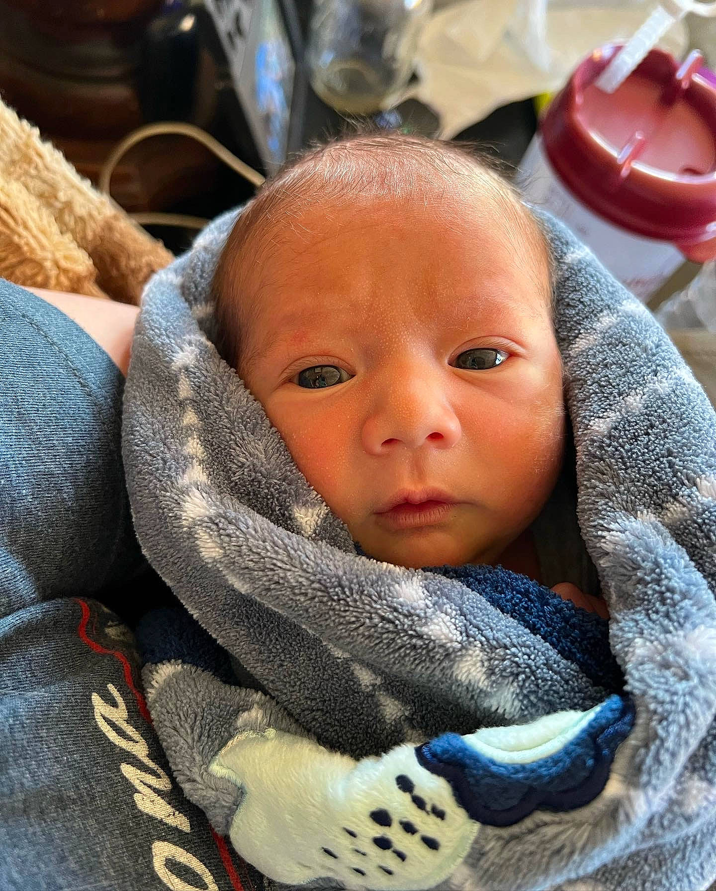 Clayton is registered to the contest to win money with this photo: baby, baby_products, baby_toddler_clothing, carmine, cheek, child, comfort, eyebrow, face, facial_expression, fur, head, kitchen_appliance, linens, nose, person, sitting, skin, toddler, wool