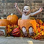 baby, pumpkin, fall, autumn, leaves, brick_wall, happy, smiling, child, seasonal, orange, cute, celebration, outdoor, decoration, festive, sitting, bare_chest, holiday, nature