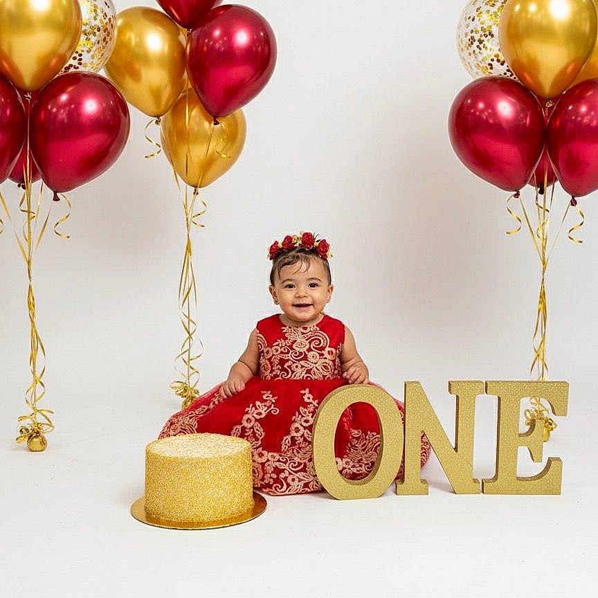 Allison joined the competition — help win amazing prizes! baby, balloons, birthday, cake, celebration, child, cute, decor, festive, girl, gold, happy, infant, one_year, party, portrait, red_dress, sitting, smile, studio