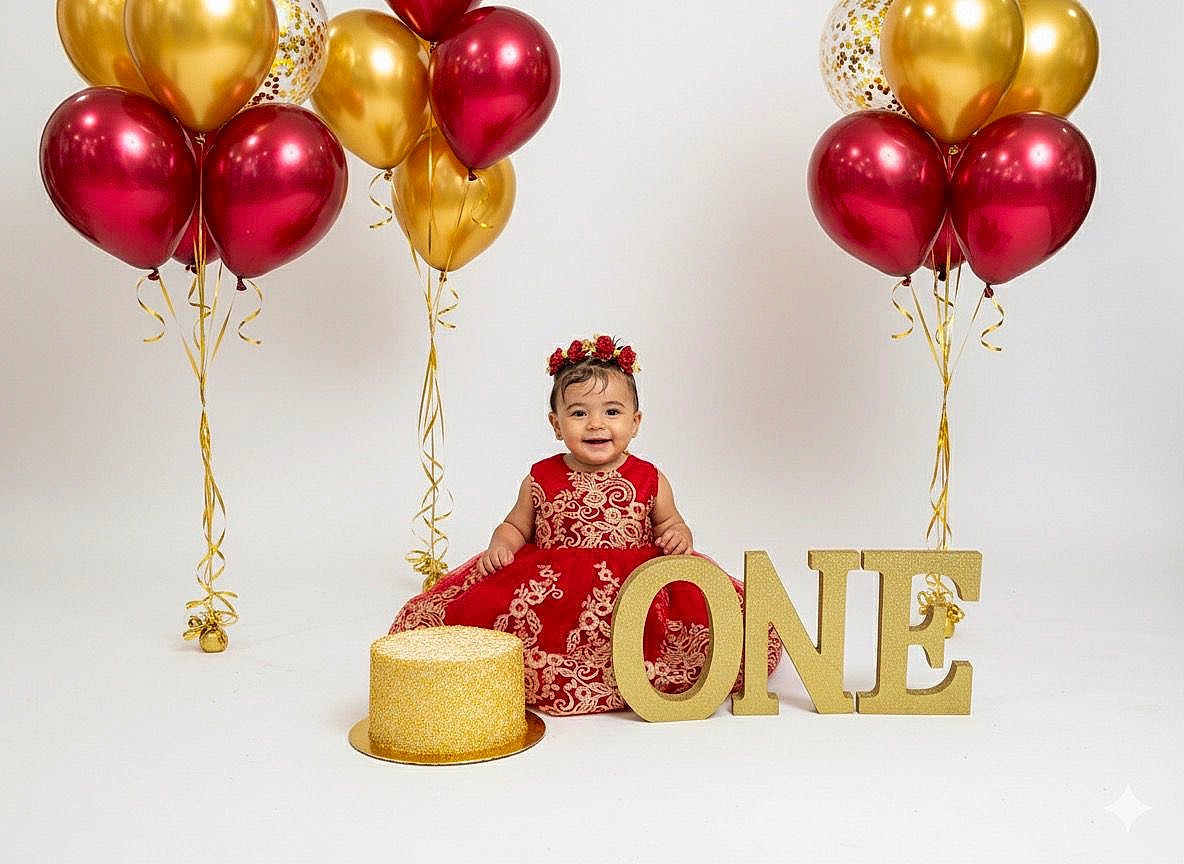 Allison joined the competition — help win amazing prizes! baby, child, birthday, celebration, cake, balloons, red_dress, gold, smile, happy, portrait, party, one_year, studio, decor, festive, infant, girl, sitting, cute