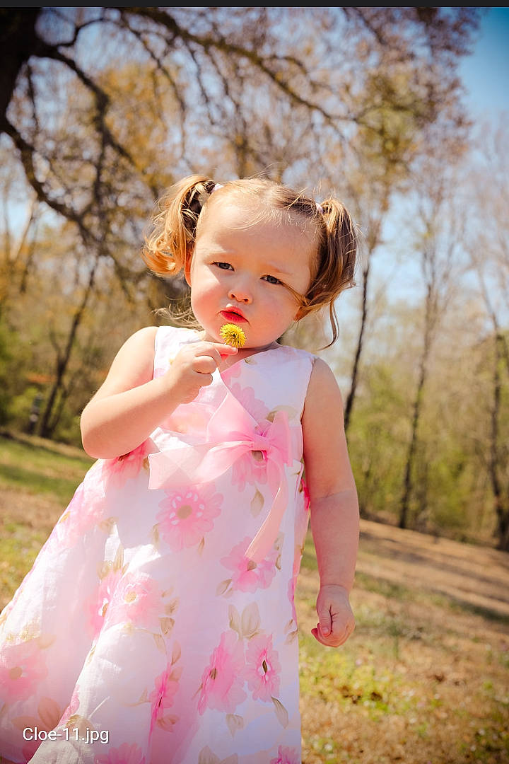 Mckinley is registered to the contest to win money with this photo: baby, baby_toddler_clothing, blond, child, day_dress, dress, flash_photography, gesture, grass, happy, lip, magenta, one_piece_garment, people_in_nature, person, pink, plant, skin, sky, toddler