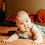 baby, infant, child, face, eyes, skin, arms, bed, blanket, clothing, cute, expression, indoors, light, portrait, soft, toddler, young, curious, lying_down