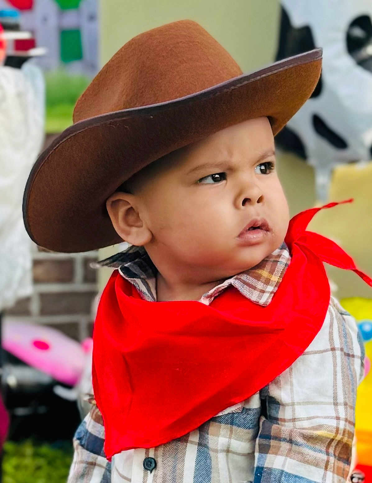 Kylian is registered to the contest to win money with this photo: child, toddler, cowboy_hat, red_bandana, plaid_shirt, portrait, outdoor, serious_expression, face, costume, young_child, person, fashion, hat, clothing, cute, baby, kid, headwear, casual