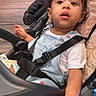 Ashlany is registered to the contest to win money with this photo: baby, baby_clothing, child, curious, cushion, denim_overalls, expression, face, floral_pattern, hand, indoor, infant, person, portrait, safety_harness, seat, seatbelt, stroller, toddler, white_tshirt