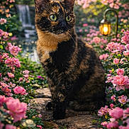 Mio a rejoint le concours — aidez-le/la à gagner de superbes lots ! cat, tortoiseshell_cat, green_eyes, pink_flowers, garden, lantern, waterfall, stone_path, petals, spring, outdoor, portrait, feline, whiskers, sitting, bokeh, nature, foliage, closeup, calm