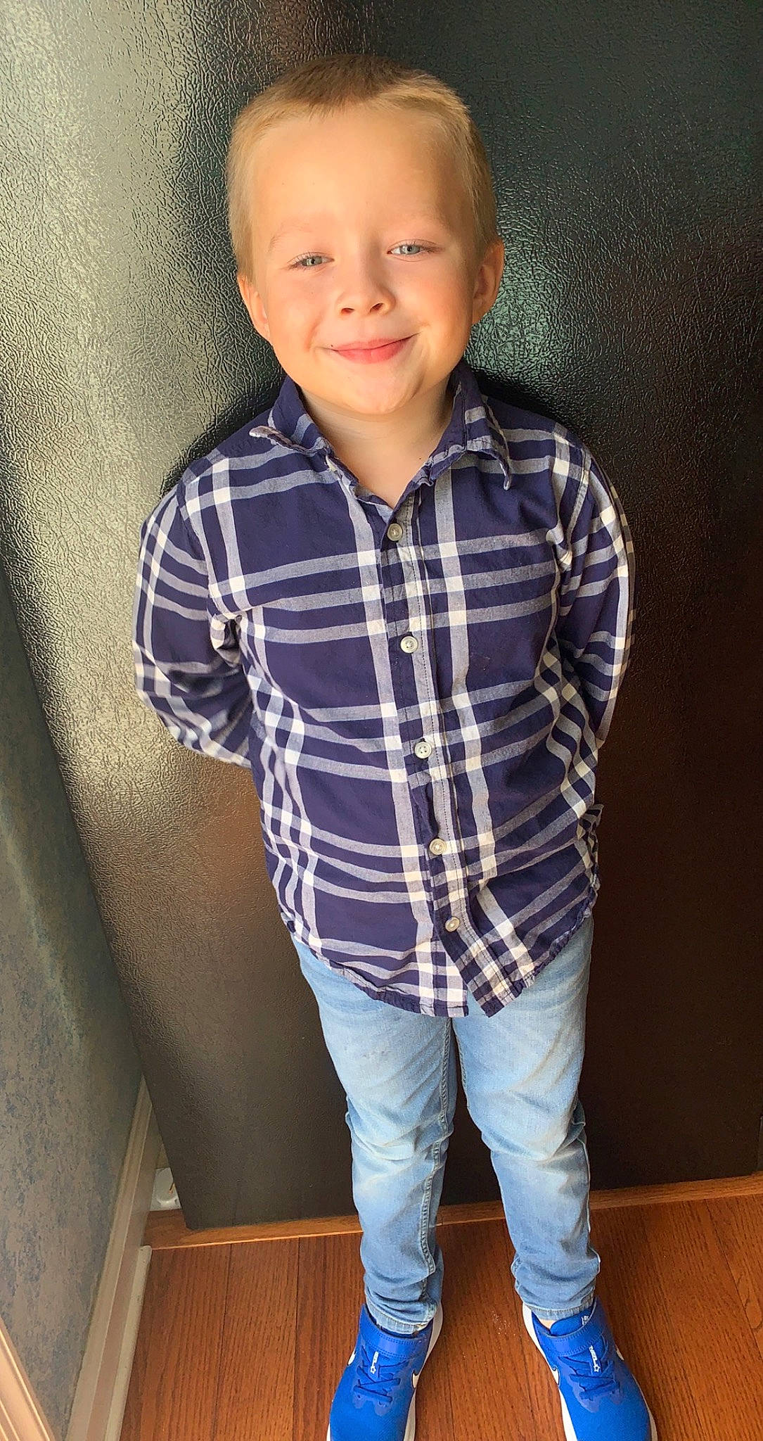 Jaece joined the competition — help win amazing prizes! baby_toddler_clothing, cheek, chin, collar, dress_shirt, electric_blue, eye, face, flash_photography, happy, head, joy, long_sleeved_t_shirt, neck, pattern, person, plaid, sleeve, smile, standing