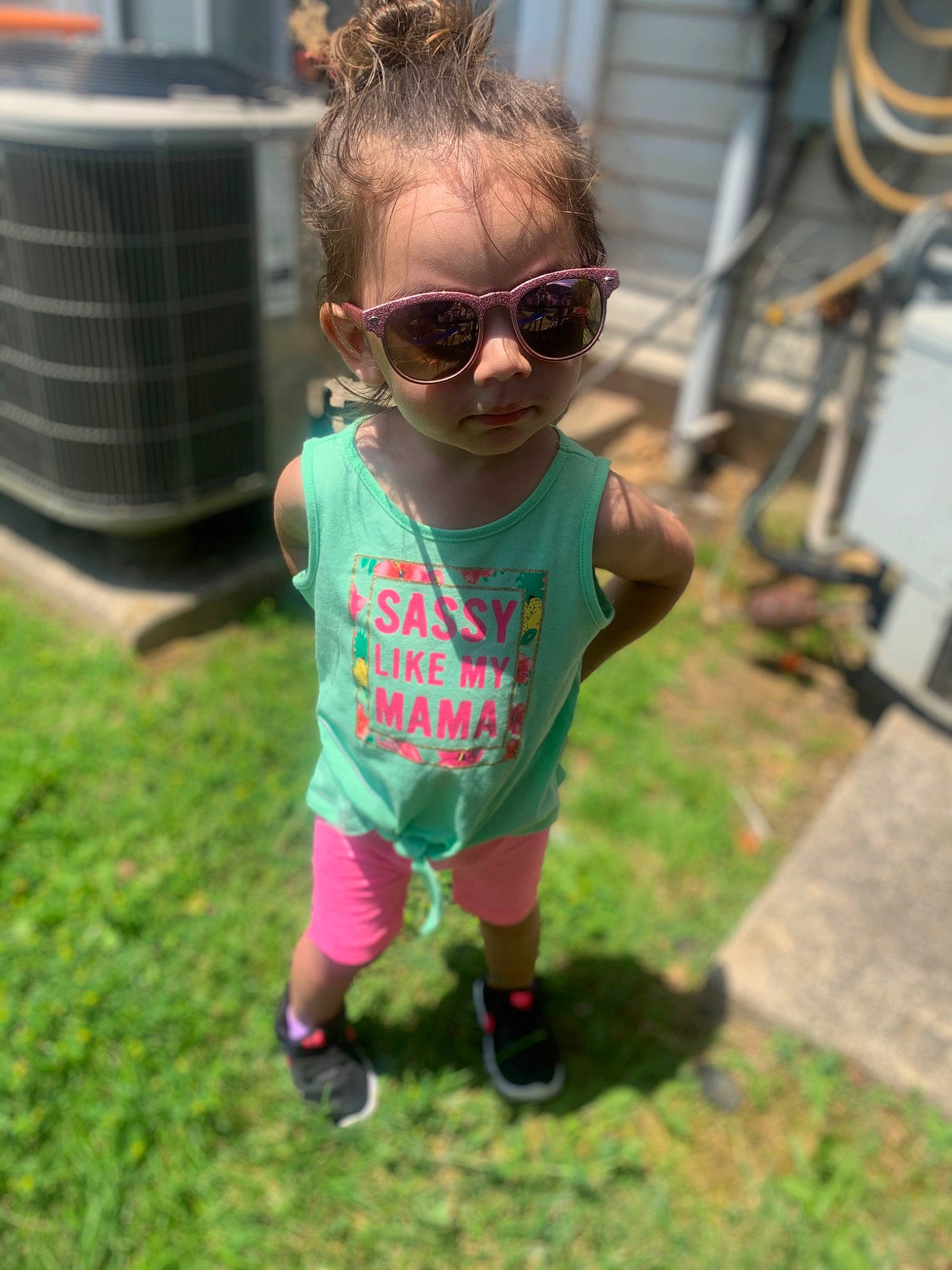 Aliviana joined the competition — help win amazing prizes! child, cool, eyewear, fun, glasses, goggles, grass, green, person, personal_protective_equipment, pink, plant, recreation, summer, sunglasses, t_shirt, toddler, top, tree, vacation