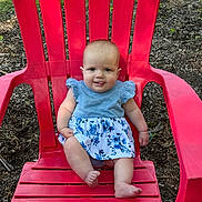 Astoria is registered to the contest to win money with this photo: baby, child, red_chair, outdoor, dress, blue, floral_pattern, grass, wood_chips, tongue_out, cute, sitting, summer, sunlight, playful, adorable, infant, nature, smiling, barefoot