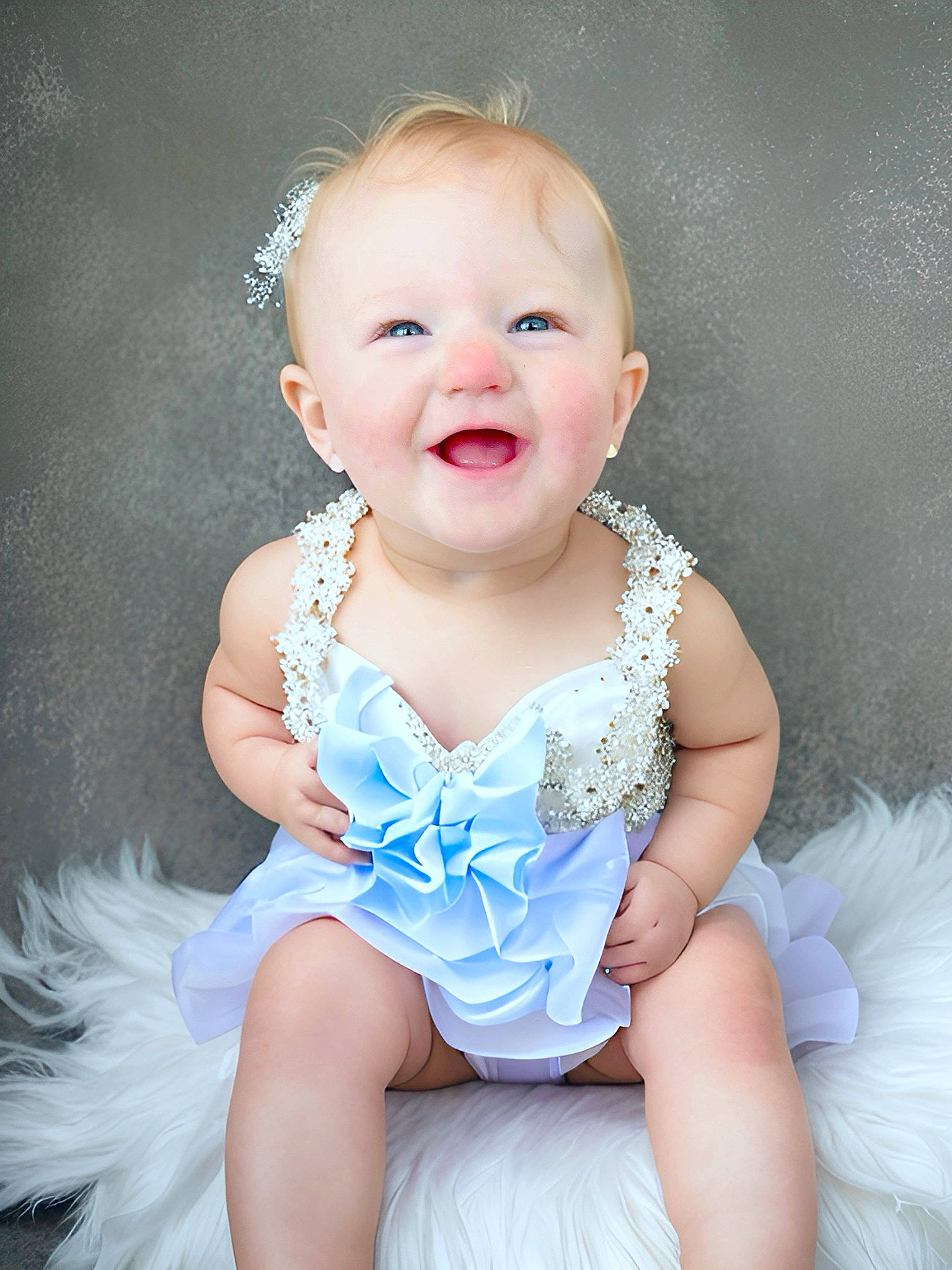 Sadie Mae joined the competition — help win amazing prizes! baby, baby_toddler_clothing, child, day_dress, electric_blue, eye, flash_photography, hair_accessory, happy, head, headgear, iris, pattern, person, pink, skin, sleeve, smile, standing, toddler