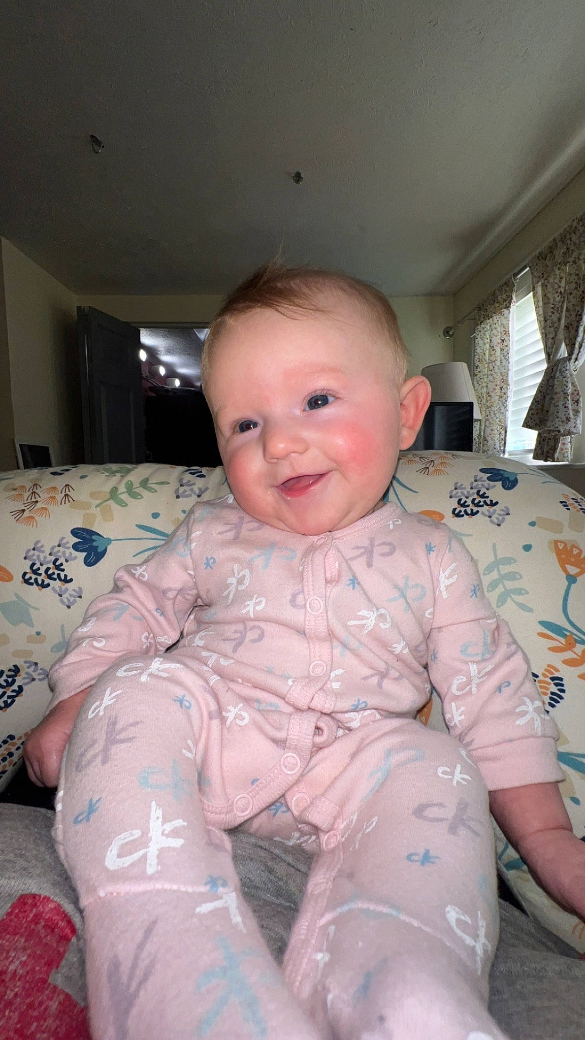 Sadie Mae joined the competition — help win amazing prizes! arm, baby, baby_toddler_clothing, cheek, chest, comfort, finger, fun, hairstyle, head, human_body, iris, joy, mouth, nose, person, pink, shoulder, skin, smile