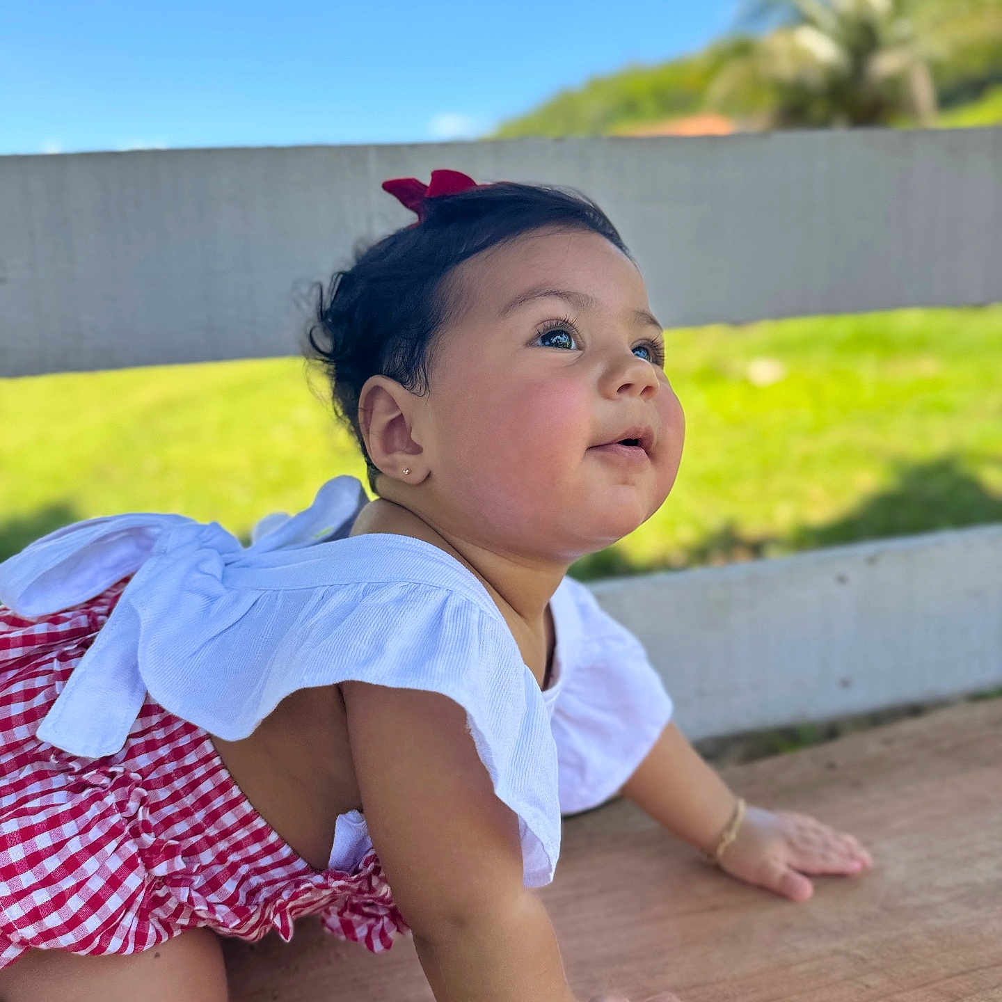 Catarina joined the competition — help win amazing prizes! baby, child, closeup, crawling, curious, cute, daylight, fence, gingham, greenery, happy, infant, nature, outdoor, portrait, red_bow, smiling, sunny, white_top, wood