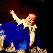 Angel a rejoint le concours — aidez-le/la à gagner de superbes lots ! baby, child, dress, blue_dress, bow, lace, smile, face, infant, cute, sitting, clothing, portrait, indoors, person, young_child, happy, fashion, toddler, celebration