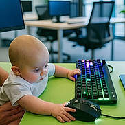 Cash is registered to the contest to win money with this photo: baby, infant, child, computer, keyboard, mouse, desk, office, monitor, rgb_keyboard, green_table, hands, curiosity, desk_chair, technology, playful, adult_hand, portrait, bald_head, indoor