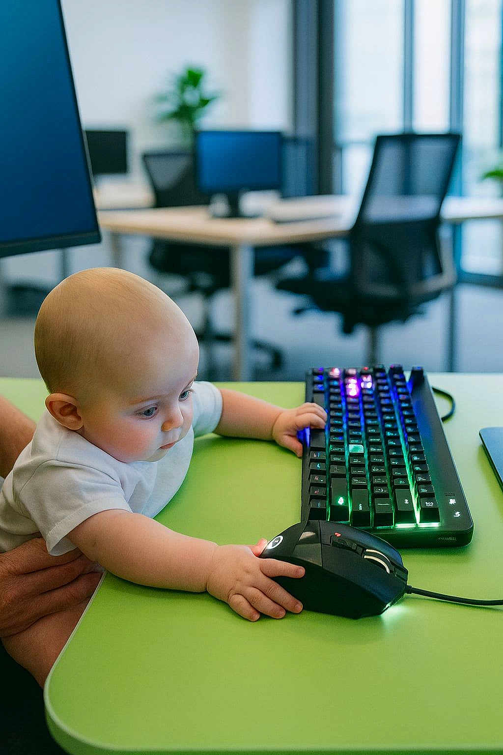 Cash is registered to the contest to win money with this photo: baby, infant, child, computer, keyboard, mouse, desk, office, monitor, rgb_keyboard, green_table, hands, curiosity, desk_chair, technology, playful, adult_hand, portrait, bald_head, indoor