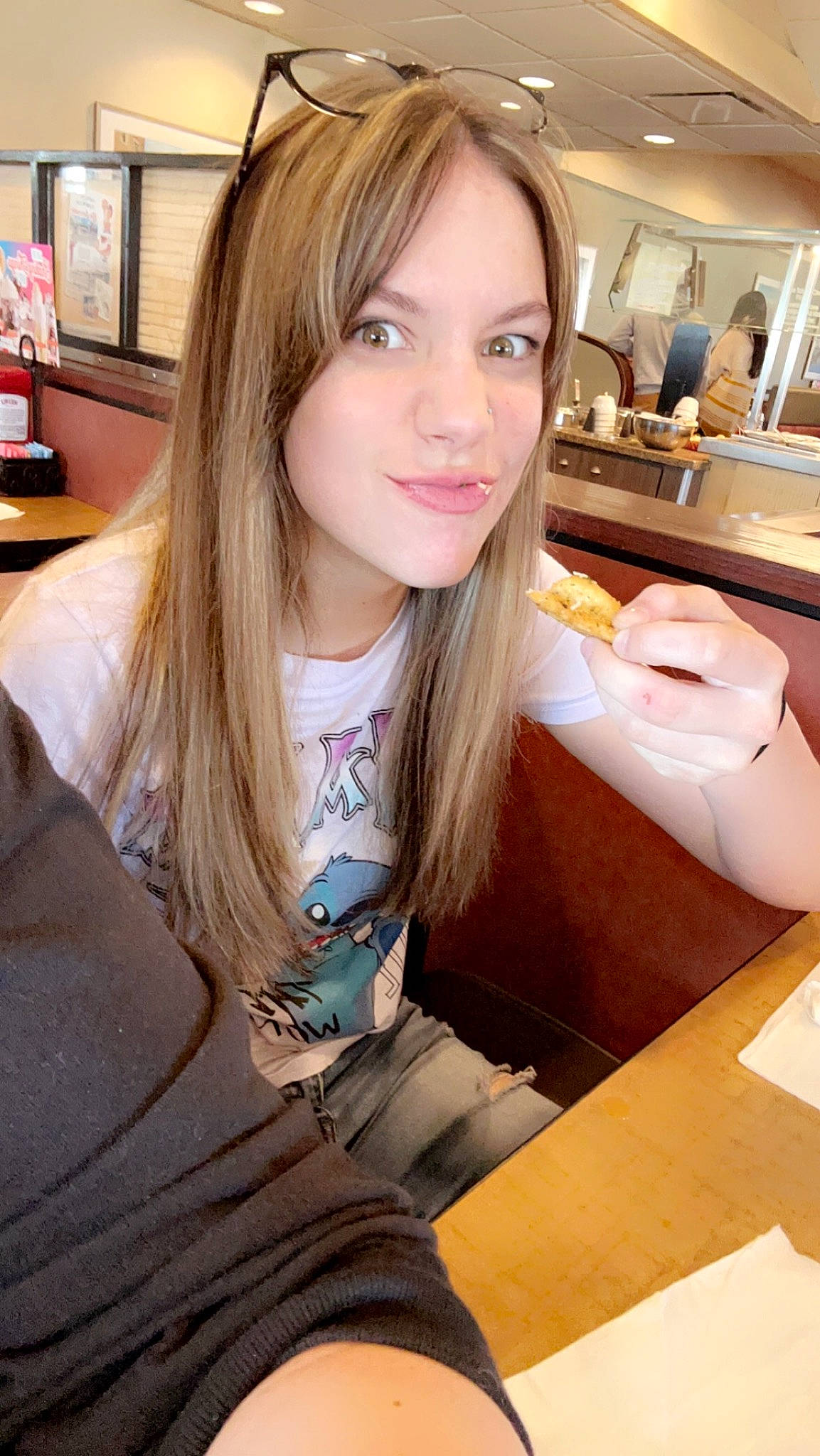 Anna Jean is registered to the contest to win money with this photo: black_hair, blond, brown_hair, customer, eyebrow, eyelash, eyewear, fun, hair_coloring, jaw, joy, layered_hair, leisure, lip, long_hair, person, room, selfie, sitting, skin