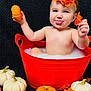 Nova joined the competition — help win amazing prizes! baby, infant, toddler, red_bucket, bath, bubbles, pumpkin, mini_pumpkin, white_pumpkin, headband, orange_flower, sticking_tongue, smile, playful, autumn_leaves, fall_theme, black_background, portrait, bare_shoulders, cute