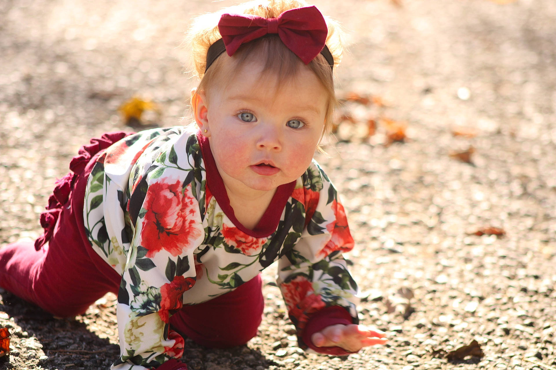 Adelaide joined the competition — help win amazing prizes! baby, baby_crawling, baby_toddler_clothing, cheek, child, child_model, costume_accessory, crawling, hair_accessory, headband, headpiece, human, mouth, nose, person, pink, portrait_photography, sand, soil, surprise