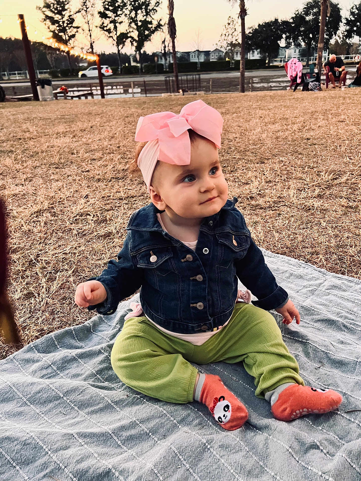 Olivia is registered to the contest to win money with this photo: baby, child, outdoor, grass, blanket, headband, bow, denim_jacket, pants, socks, panda, sunset, trees, houses, person, cute, sitting, smile, park, daylight