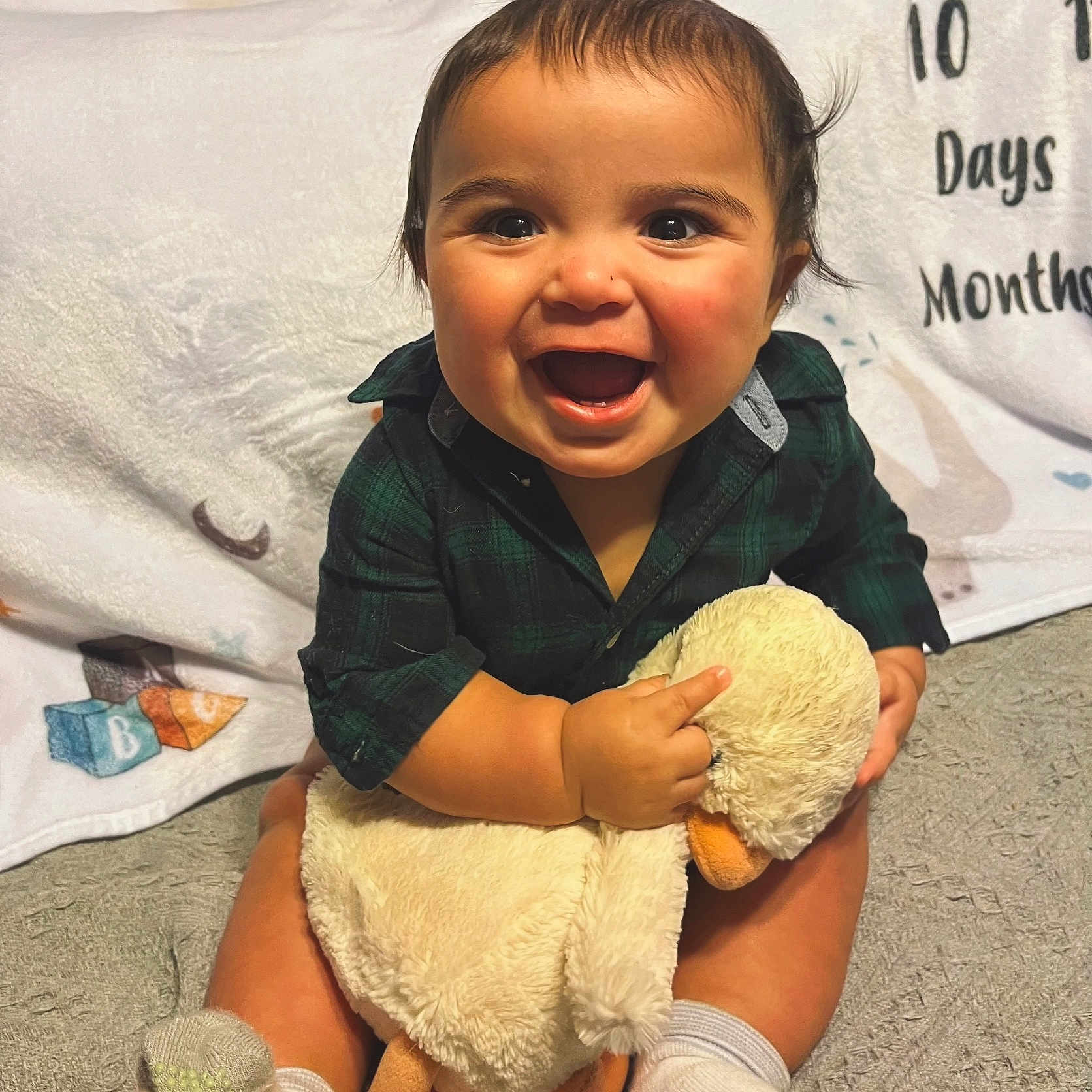 Wyatt joined the competition — help win amazing prizes! baby, babylaughing, bodypart, clothing, couch, cushion, face, finger, furniture, hand, happy, head, homedecor, laughing, pants, person, photography, portrait, sitting, smile