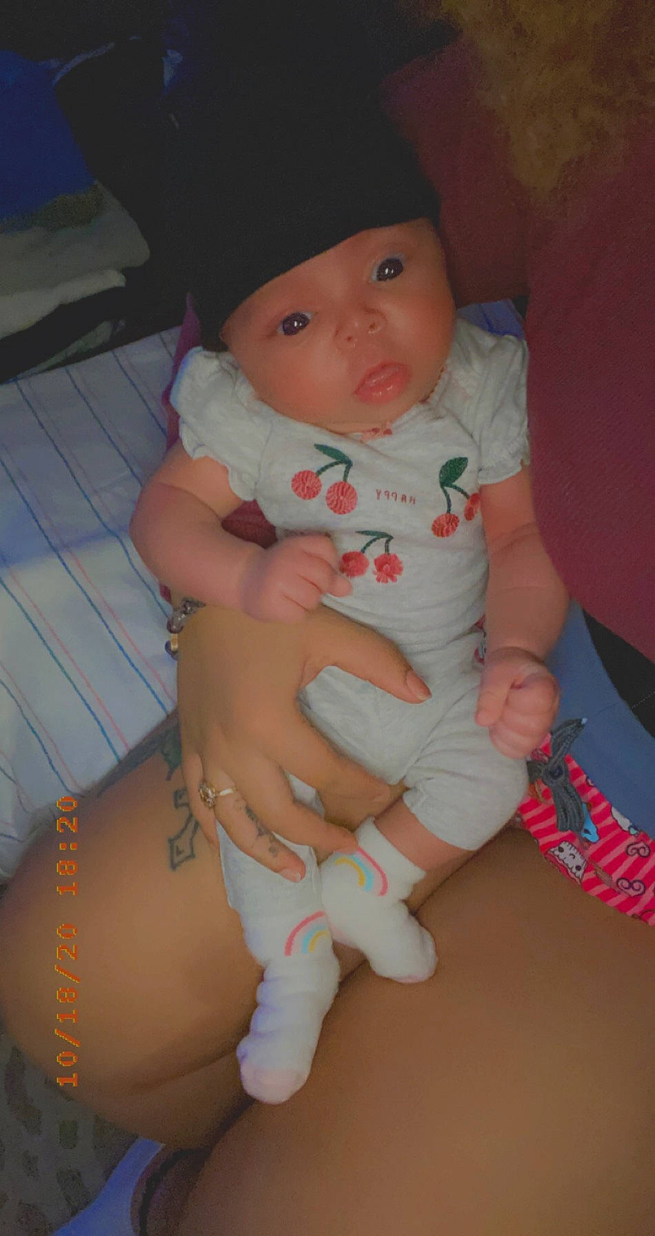 Cahlani is registered to the contest to win money with this photo: abdomen, baby, baby_products, baby_toddler_clothing, bonnet, cheek, child, costume_accessory, costume_hat, diaper, foot, headwear, nail, peach, person, skin, sock, stomach, toddler, toe