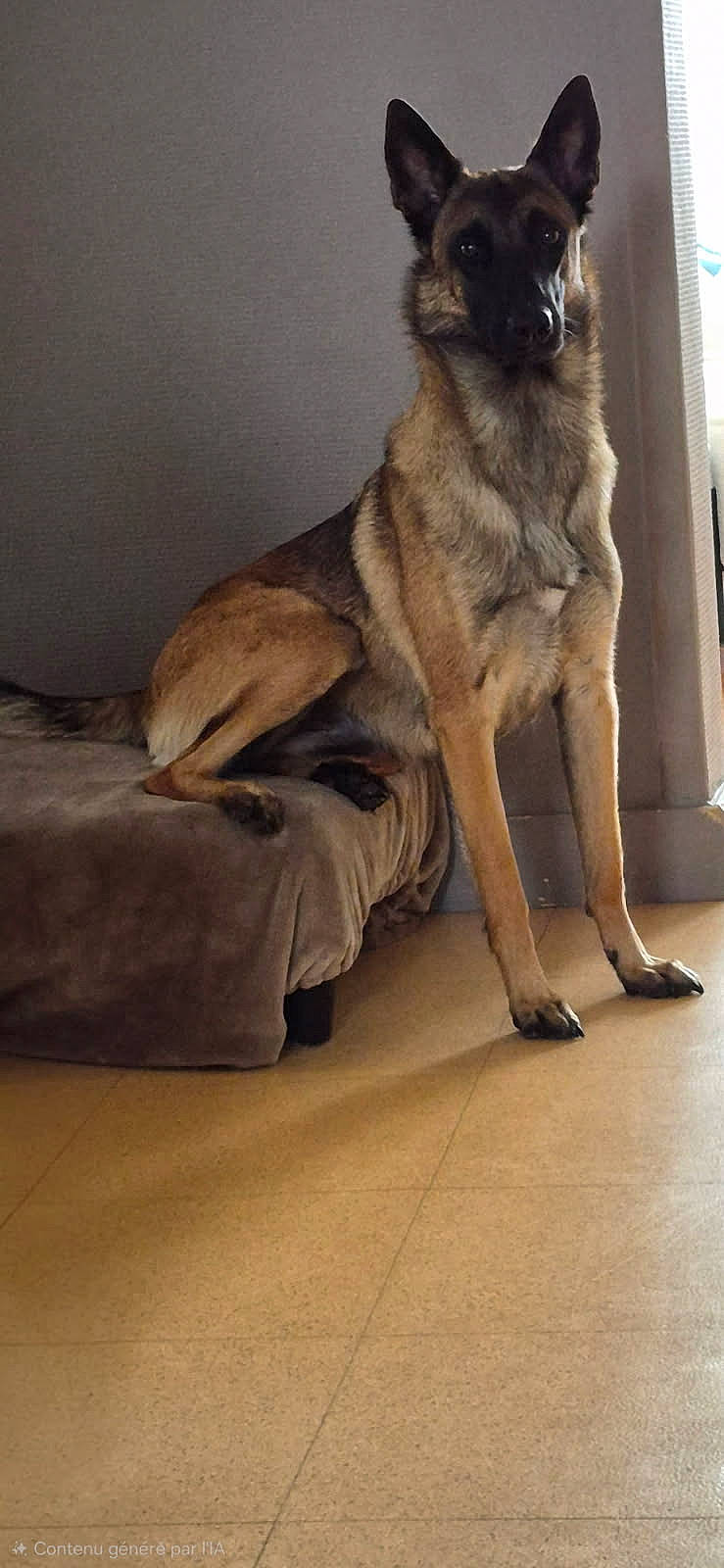 Vianah participe au concours pour gagner de l'argent avec cette photo : alert, animal, blinds, brown, canine, comfortable, cushion, dog, ears, floor, fur, german_shepherd, house, indoor, looking, pet, portrait, sitting, wall, window