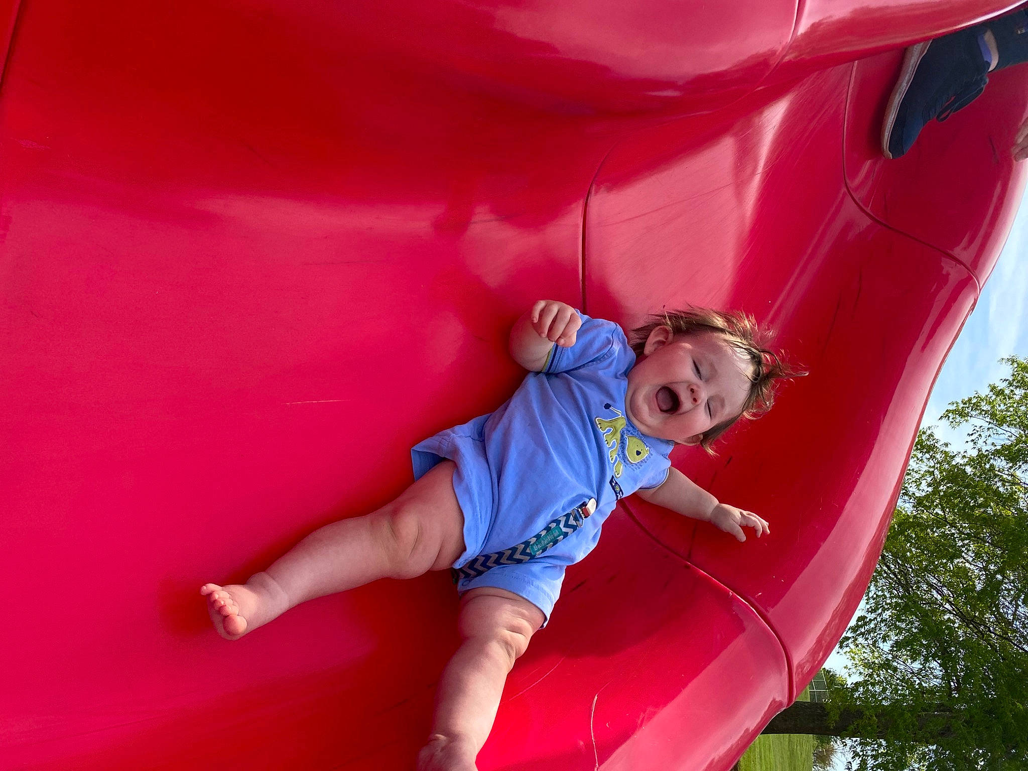 Jace is registered to the contest to win money with this photo: baby_toddler_clothing, child, chute, city, fun, grass, happy, human_body, inflatable, leisure, magenta, outdoor_play_equipment, person, pink, playground, playground_slide, recreation, shorts, t_shirt, toddler