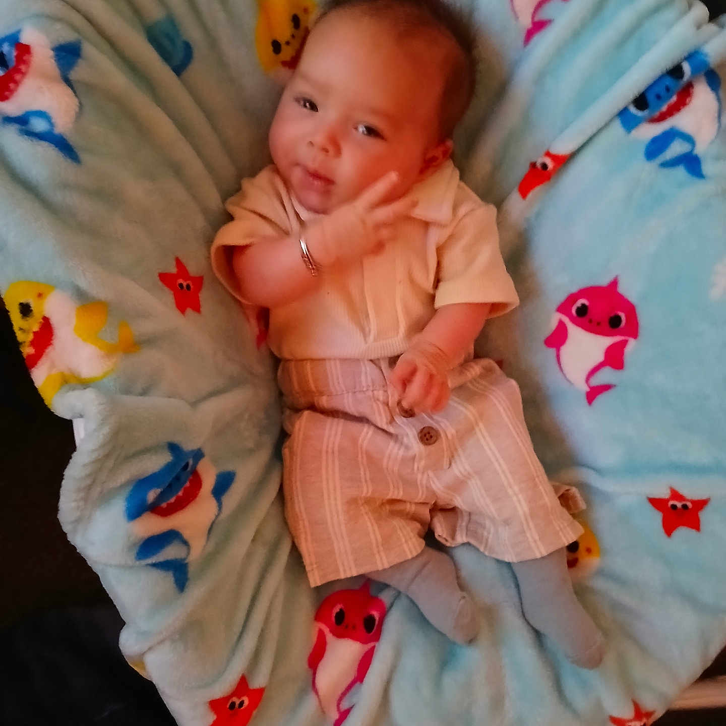 Rinenah is registered to the contest to win money with this photo: baby, blanket, child, clothing, comfort, cute, gesture, hand, indoor, infant, pants, pattern, plush, shark, shirt, sitting, smiling, soft, starfish, young