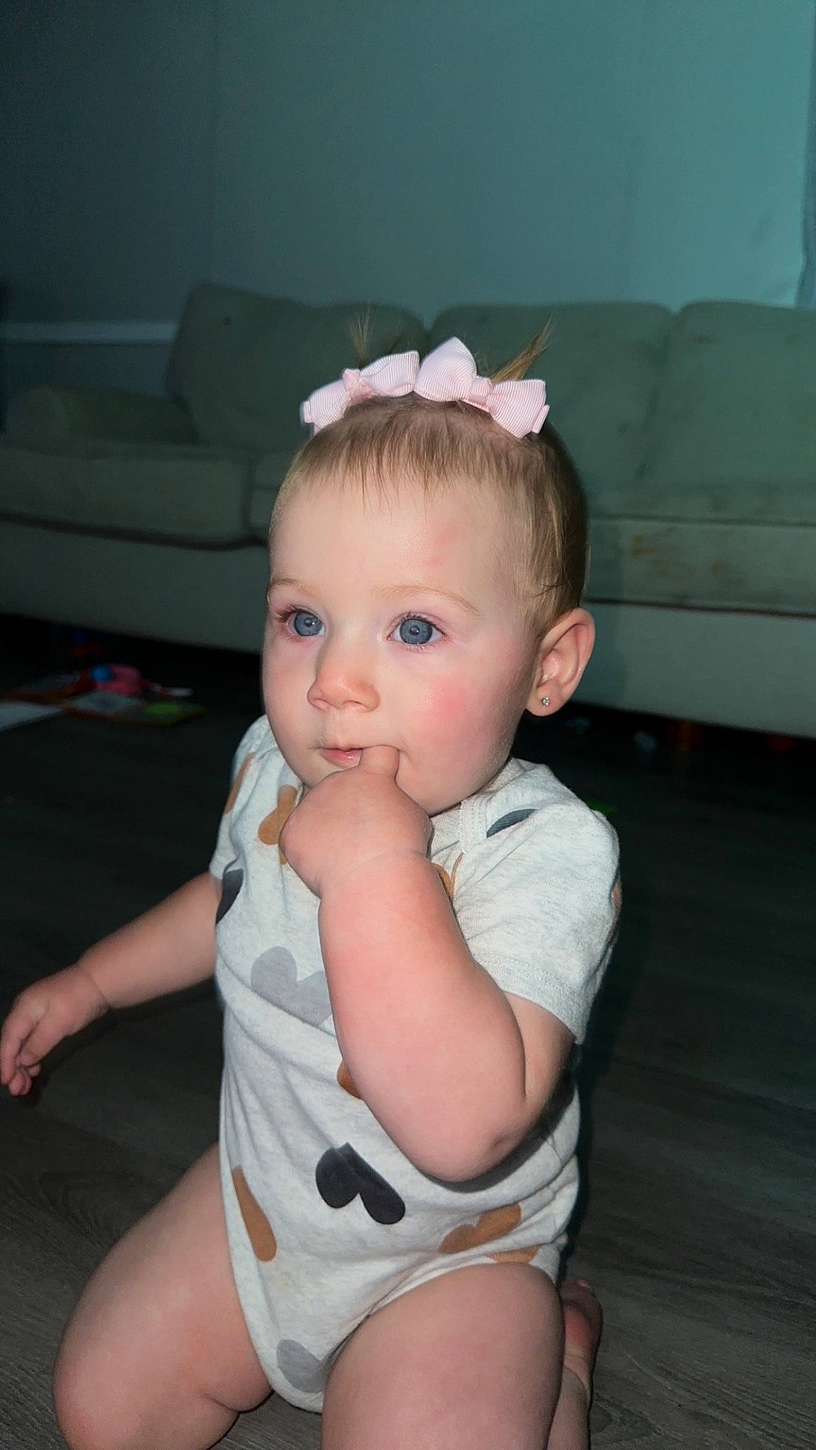 Emerleigh is registered to the contest to win money with this photo: baby, baby_toddler_clothing, blond, cheek, chest, ear, eye, eyebrow, fun, headband, human_leg, iris, jewellery, knee, lip, neck, person, skin, thigh, toddler