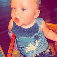 Hunsten is registered to the contest to win money with this photo: toddler, child, high_chair, blue_eyes, sleeveless_shirt, camel_print, camouflage_shorts, wooden_furniture, indoor, curious, person, baby, seatbelt, table, expression, face, hair, skin, clothing, seat