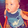 toddler, child, high_chair, blue_eyes, sleeveless_shirt, camel_print, camouflage_shorts, wooden_furniture, indoor, curious, person, baby, seatbelt, table, expression, face, hair, skin, clothing, seat
