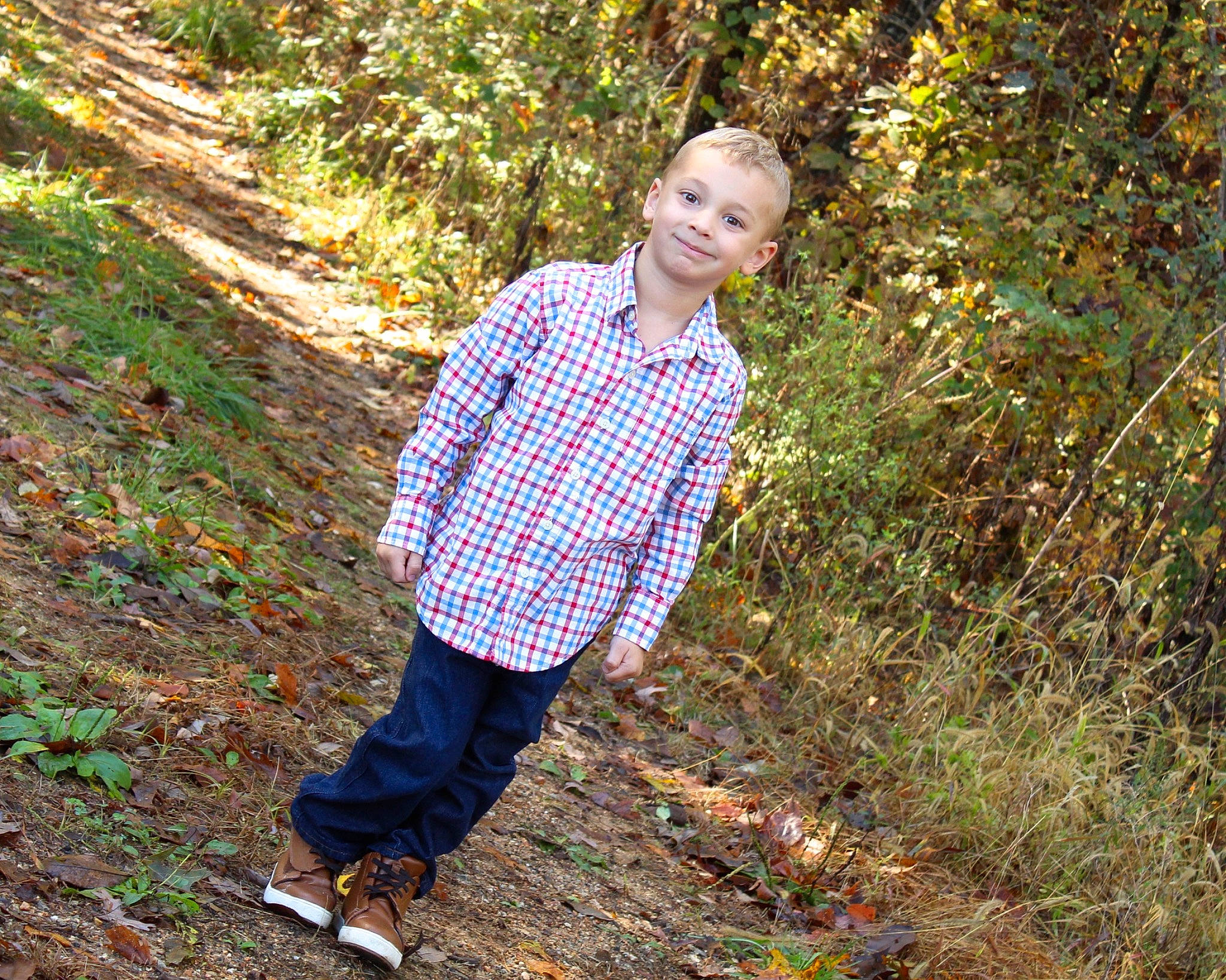 Nicholas joined the competition — help win amazing prizes! autumn, child, design, family, forest, fun, grass, joy, leaf, pattern, people, people_in_nature, person, photography, plaid, plant, portrait_photography, smile, toddler, tree