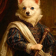 Kaky participe au concours pour gagner de l'argent avec cette photo : dog, portrait, royal_clothing, blue_eyes, scepter, regal, costume, historical_style, fancy, fur, animal_portrait, elegant, luxury, classic_art, dressed_up, indoor, painting_style, canine, noble, dignified