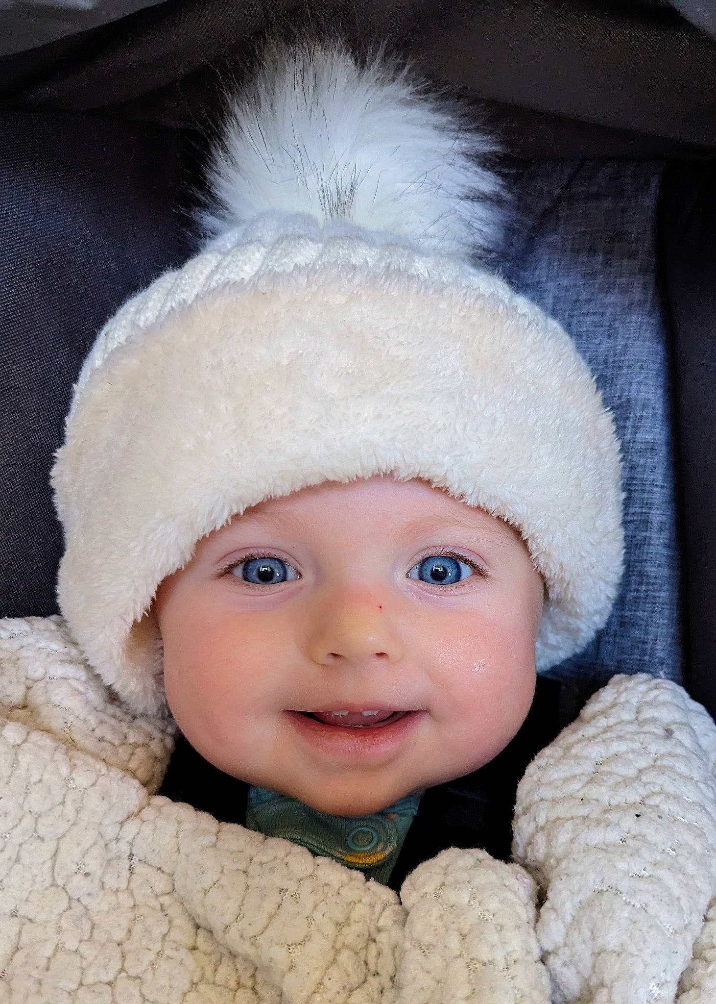 Stevie joined the competition — help win amazing prizes! baby, baby_toddler_clothing, cap, cheek, child, comfort, fashion_accessory, flash_photography, fur, fur_clothing, happy, headgear, headwear, joy, knit_cap, lip, nose, outerwear, person, skin