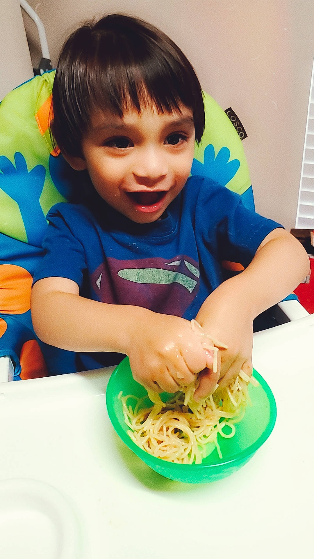 Ezra joined the competition — help win amazing prizes! baby, bodypart, cutlery, dish, eating, face, finger, food, foodpresentation, fork, hand, head, lunch, meal, noodle, pasta, person, photography, portrait, spaghetti