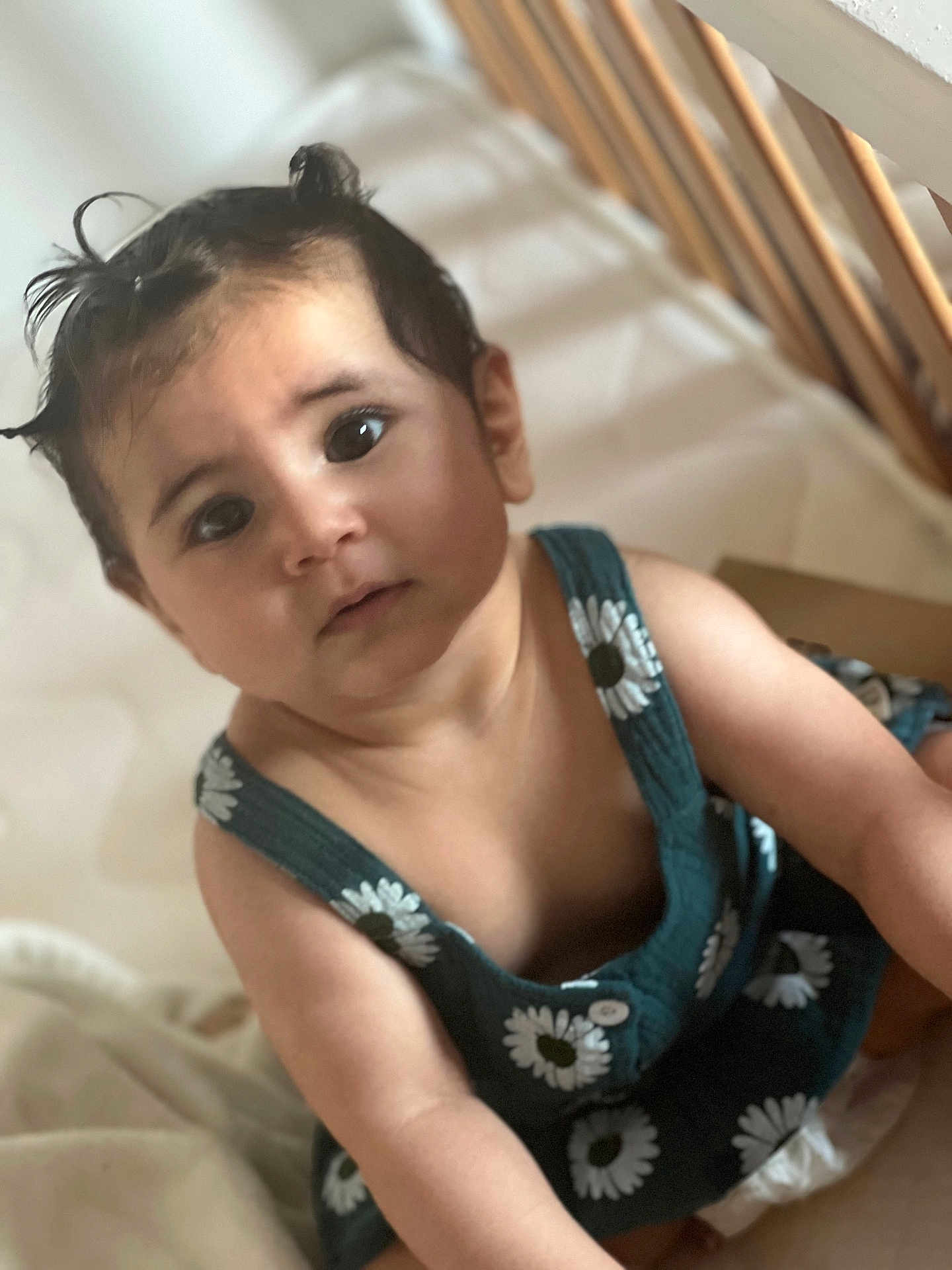 Lilyane participe au concours pour gagner de l'argent avec cette photo : baby, child, infant, face, hair, eyes, clothing, pattern, daisy, cute, indoors, soft_light, wooden_rail, sitting, portrait, skin, expression, curious, young, person