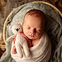 newborn, baby, sleeping, teddy_bear, knitted_toy, blanket, soft_texture, wrapped, cozy, cute, infant, portrait, peaceful, warm_tones, closeup, child, cocooned, resting, indoors, baby_bedding
