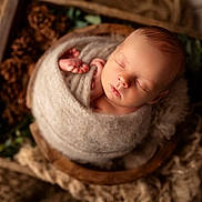 Robin participe au concours pour gagner de l'argent avec cette photo : baby, newborn, sleeping, swaddle, basket, blanket, pinecones, wooden_box, cozy, portrait, closeup, infant, face, head, feet, skin, props, soft_texture, rustic, greenery