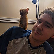 Luke joined the competition — help win amazing prizes! man, kitten, cat, shoulder, yawning, lamp, clock, chain_necklace, casual_clothing, indoor, wall, smile, young_adult, short_hair, furniture, light, cozy, portrait, home, sitting