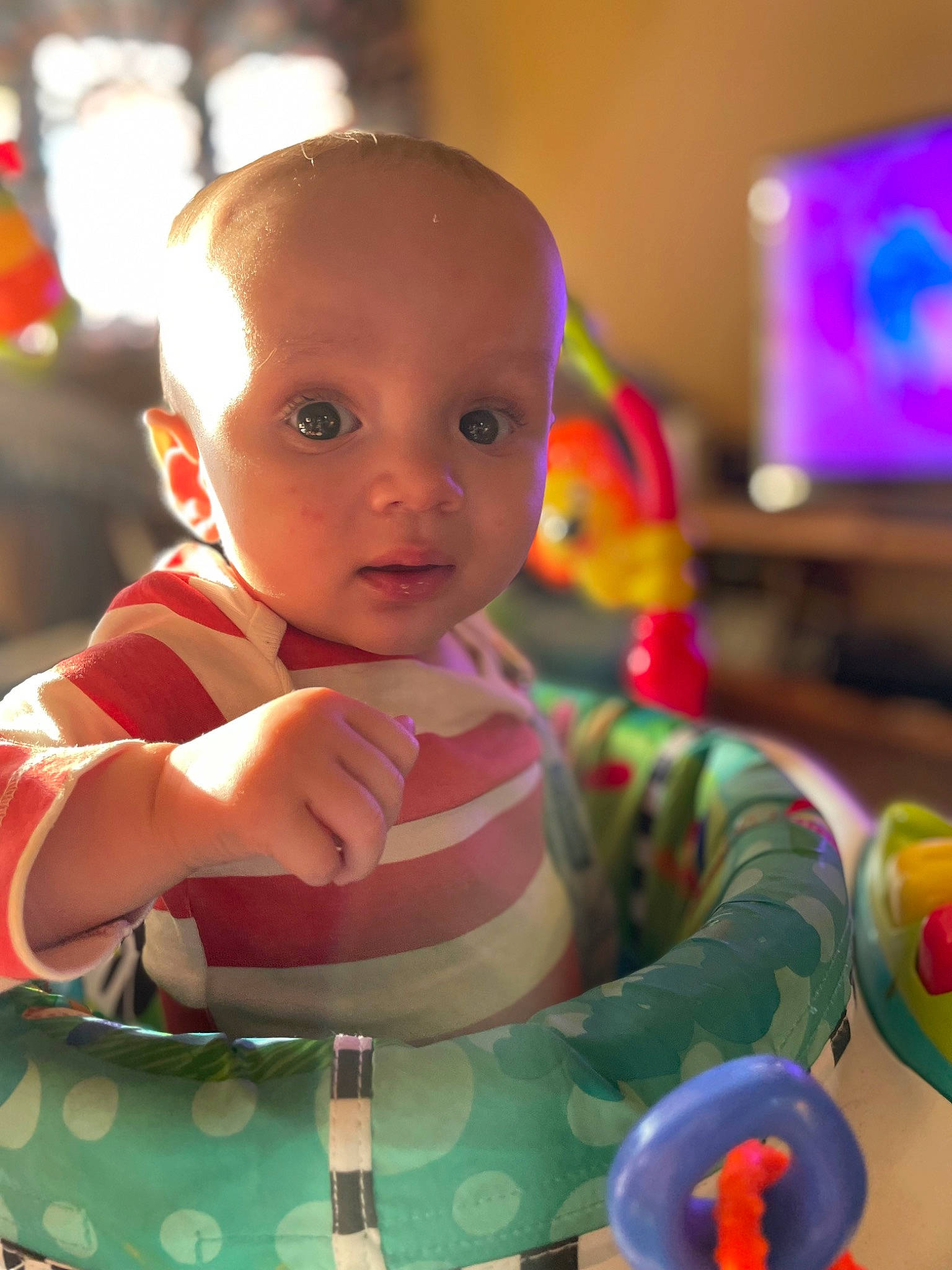 Kendrick joined the competition — help win amazing prizes! baby, baby_products, baby_safety, baby_toddler_clothing, baby_toys, bib, cheek, child, event, fun, happy, pattern, person, play, room, sitting, television, toddler, toy