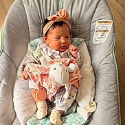 Valerie joined the competition — help win amazing prizes! baby, newborn, infant, child, portrait, sitting, baby_seat, headband, bow, blanket, stuffed_animal, bunny, pacifier, floral_clothing, pink, cushion, indoor, wood_floor, face, cute