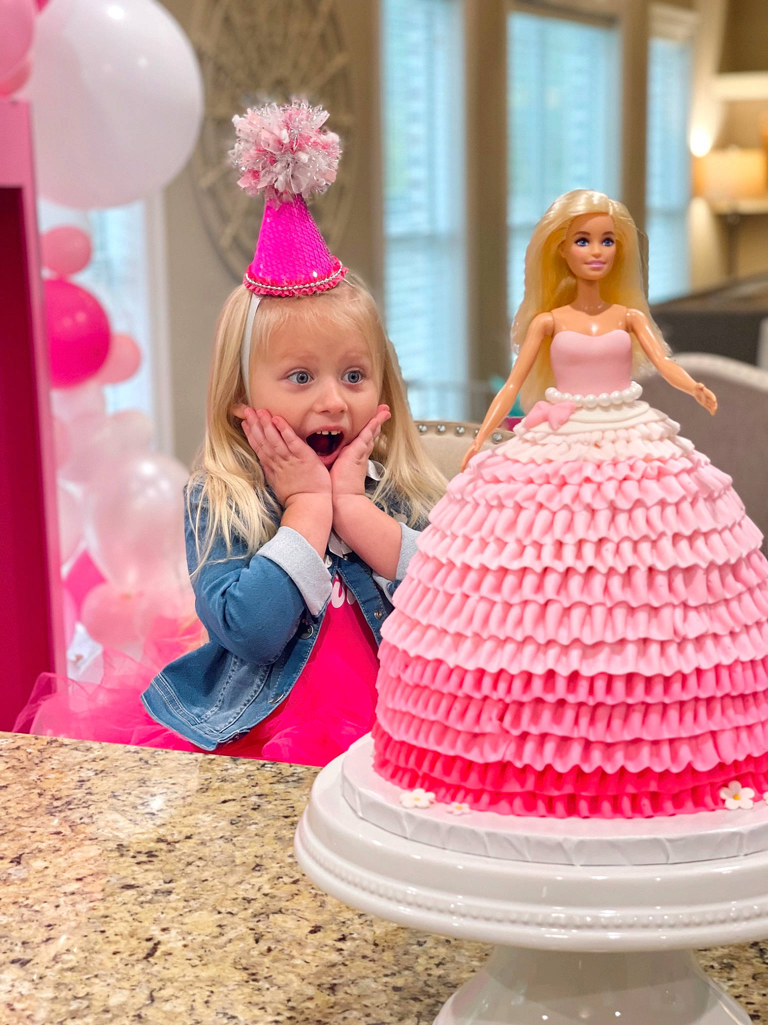 Presleigh is registered to the contest to win money with this photo: baked_goods, balloon, bridal_clothing, bridal_party_dress, cake, cake_decorating, cake_decorating_supply, child, clothing, dress, gown, happy, magenta, party_supply, person, pink, sugar_cake, surprise, toy, wedding_cake