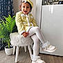 beret, cabinet, child, curtain, cute, fashion, fluffy_stool, girl, indoor, pearl_necklace, plant, playful, portrait, posing, smiling, stool, white_shoes, white_tights, wooden_floor, yellow_outfit
