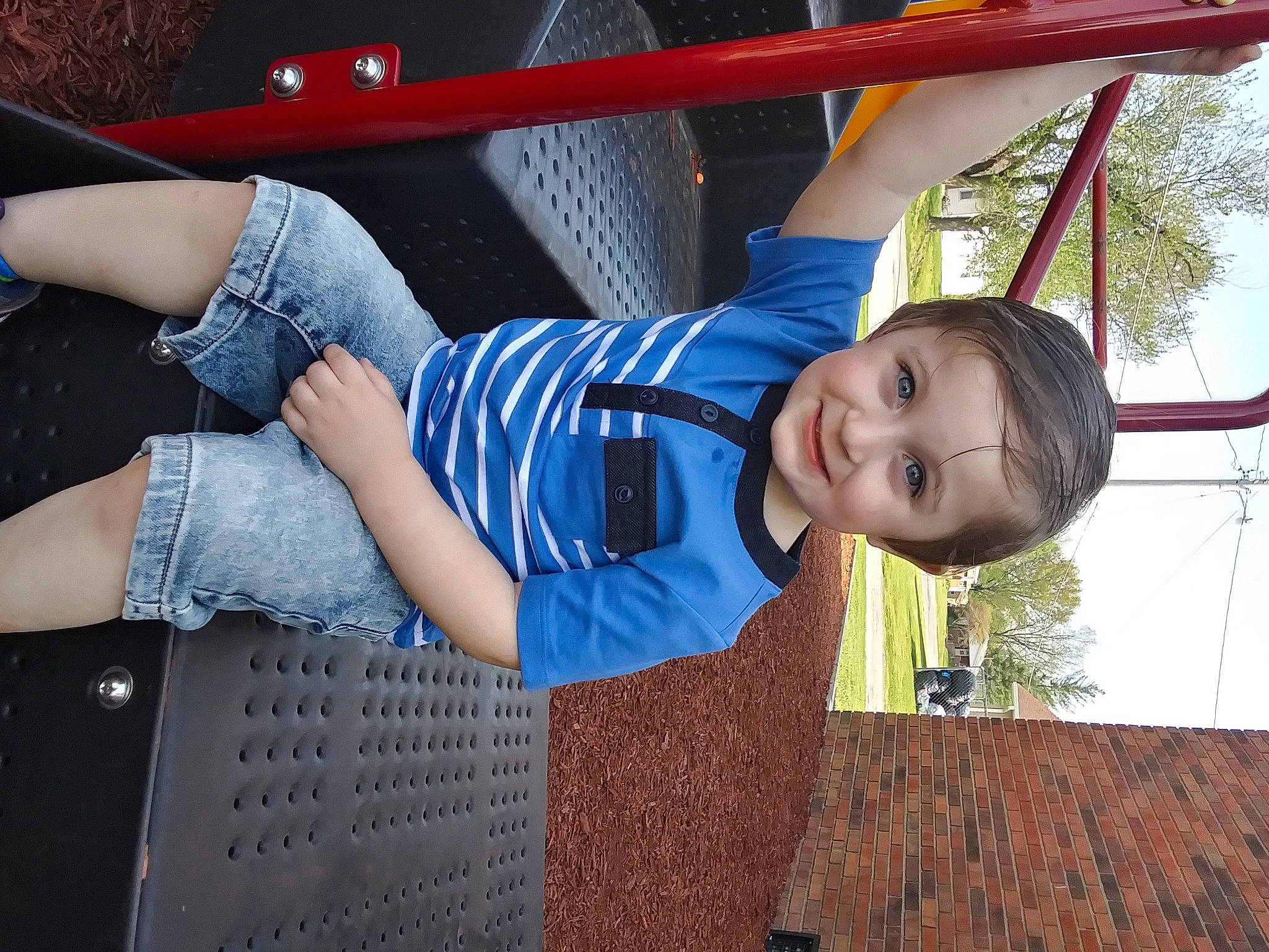 Sawyer joined the competition — help win amazing prizes! baby_toddler_clothing, child, denim, elbow, electric_blue, fun, happy, human_body, human_leg, joy, leisure, person, plaid, red, shorts, sky, smile, street_fashion, t_shirt, thigh