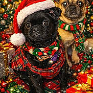 Coco And Pugsly is registered to the contest to win money with this photo: animal, celebration, christmas, cute, decorations, dog, festive, gift, green, holiday, lights, pet, plaid, present, pug, red, santa_hat, scarf, tree, winter