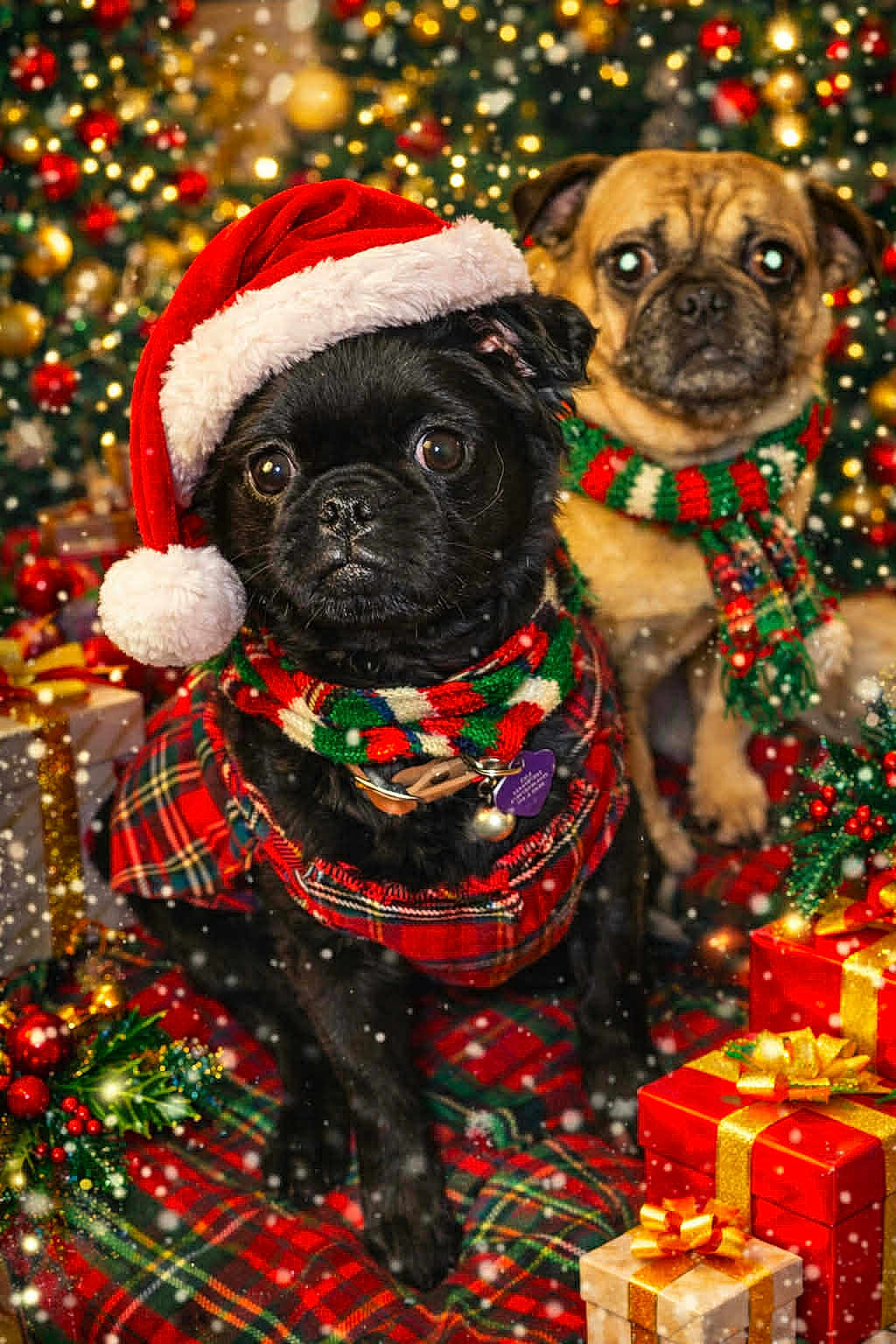 Coco And Pugsly is registered to the contest to win money with this photo: animal, celebration, christmas, cute, decorations, dog, festive, gift, green, holiday, lights, pet, plaid, present, pug, red, santa_hat, scarf, tree, winter
